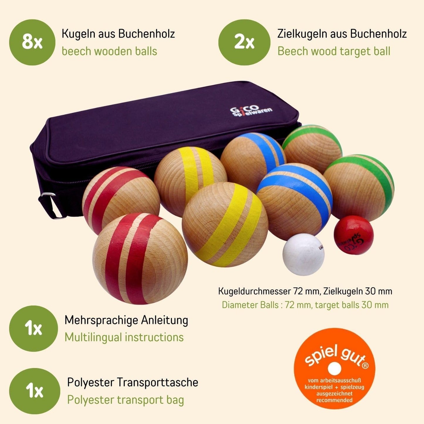Boccia Spiel aus Massivholz mit 8 Kugeln