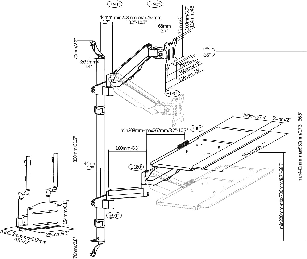 PC- und Monitorhalterung mit Tastaturablage, Halterung mit Tastaturablage Max.: 8 kg | VESA: 75x75 bis 100x100 Schwarz
