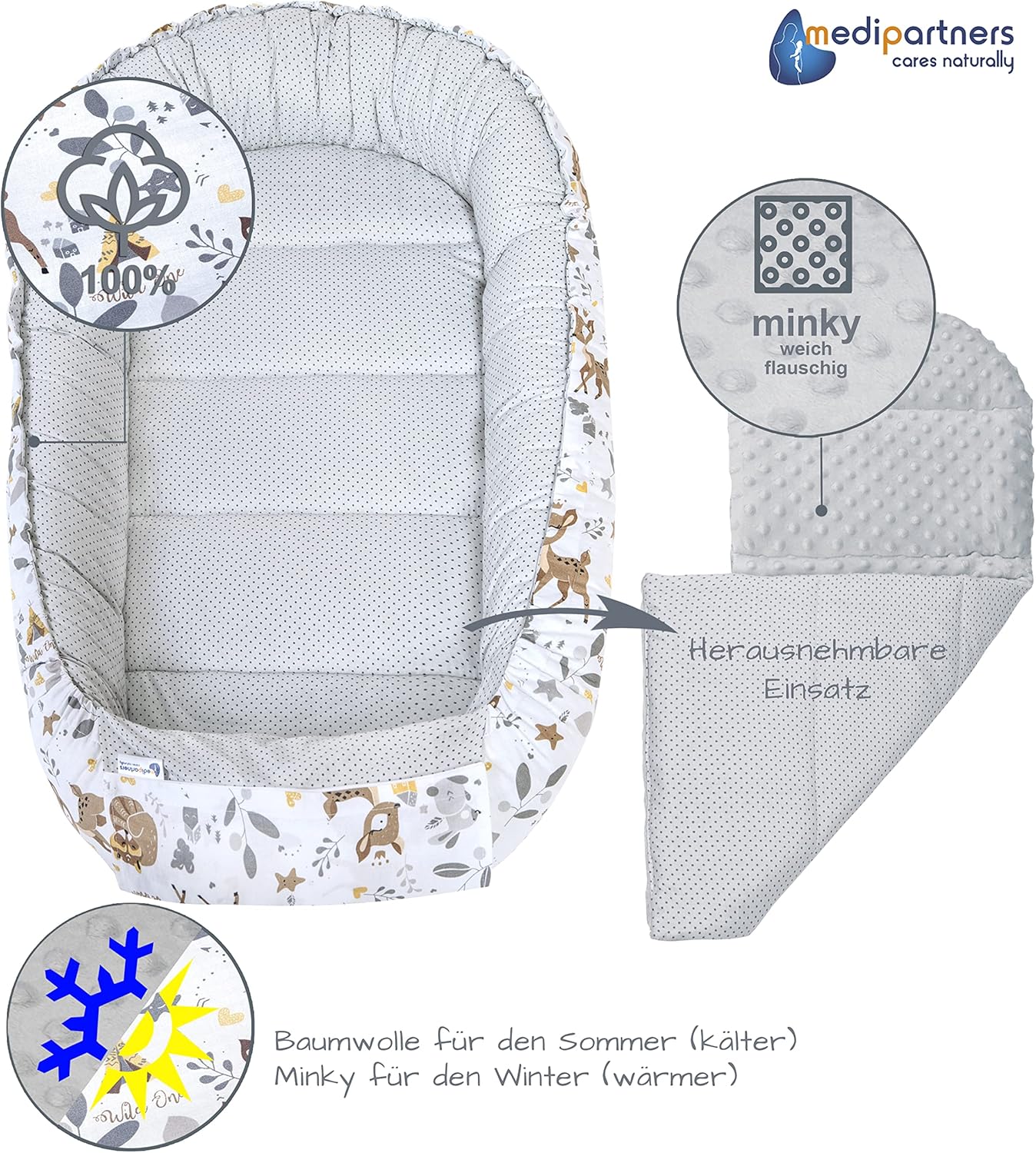 5-teiliges Babynest-Set, Reh mit Grauem Minky