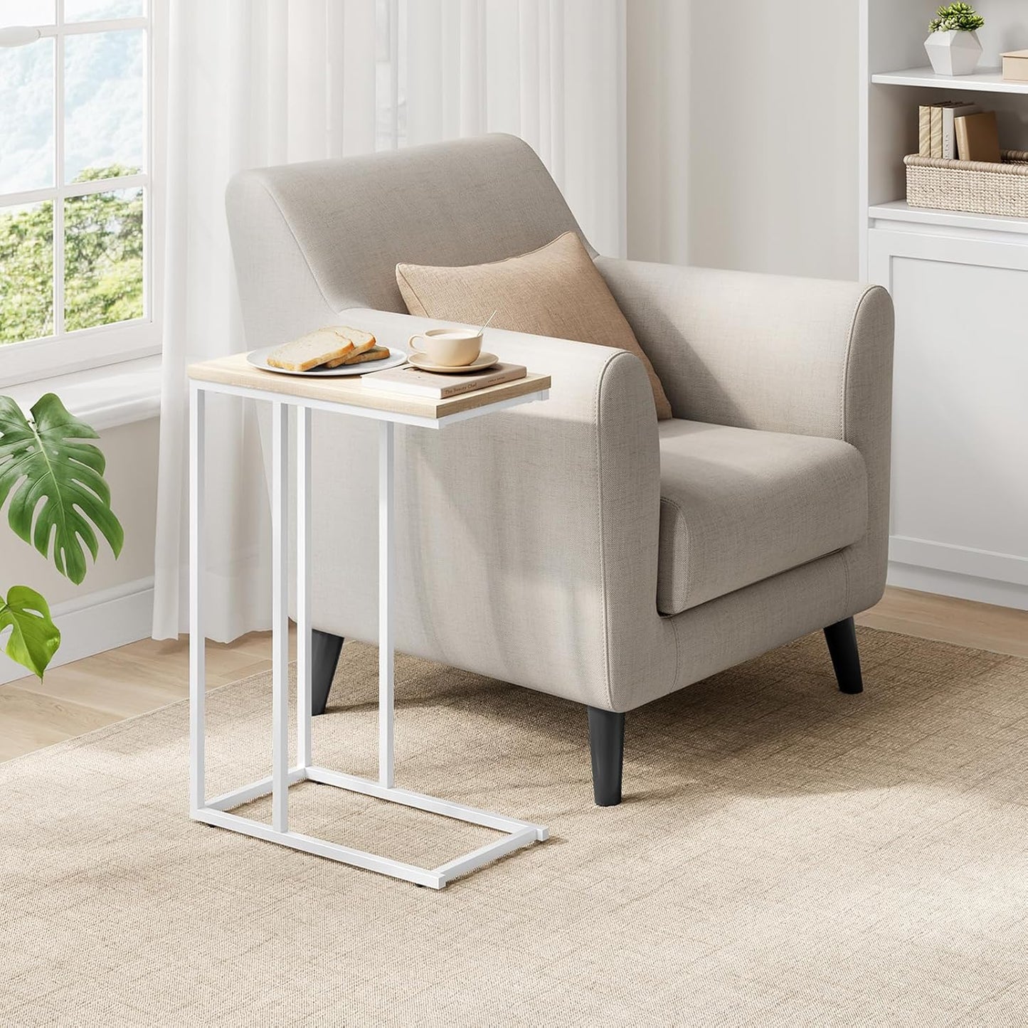 C-förmiger Beistelltisch für Wohnzimmer und Sofa, 1er Set Hell Eiche