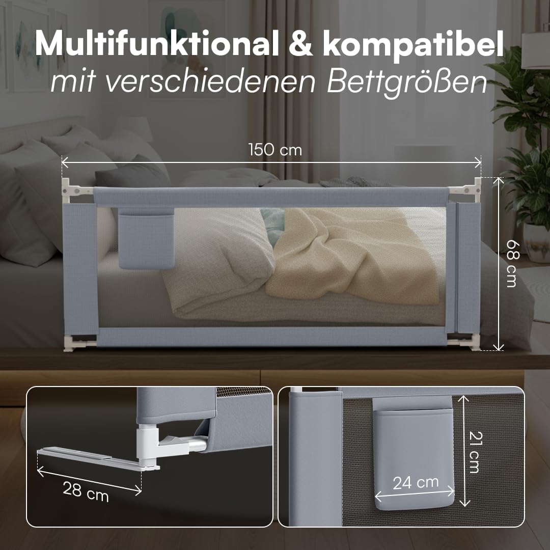 Rausfallschutz – Bettschutzgitter 150 cm, Hellgrau 150 cm mit Gurt