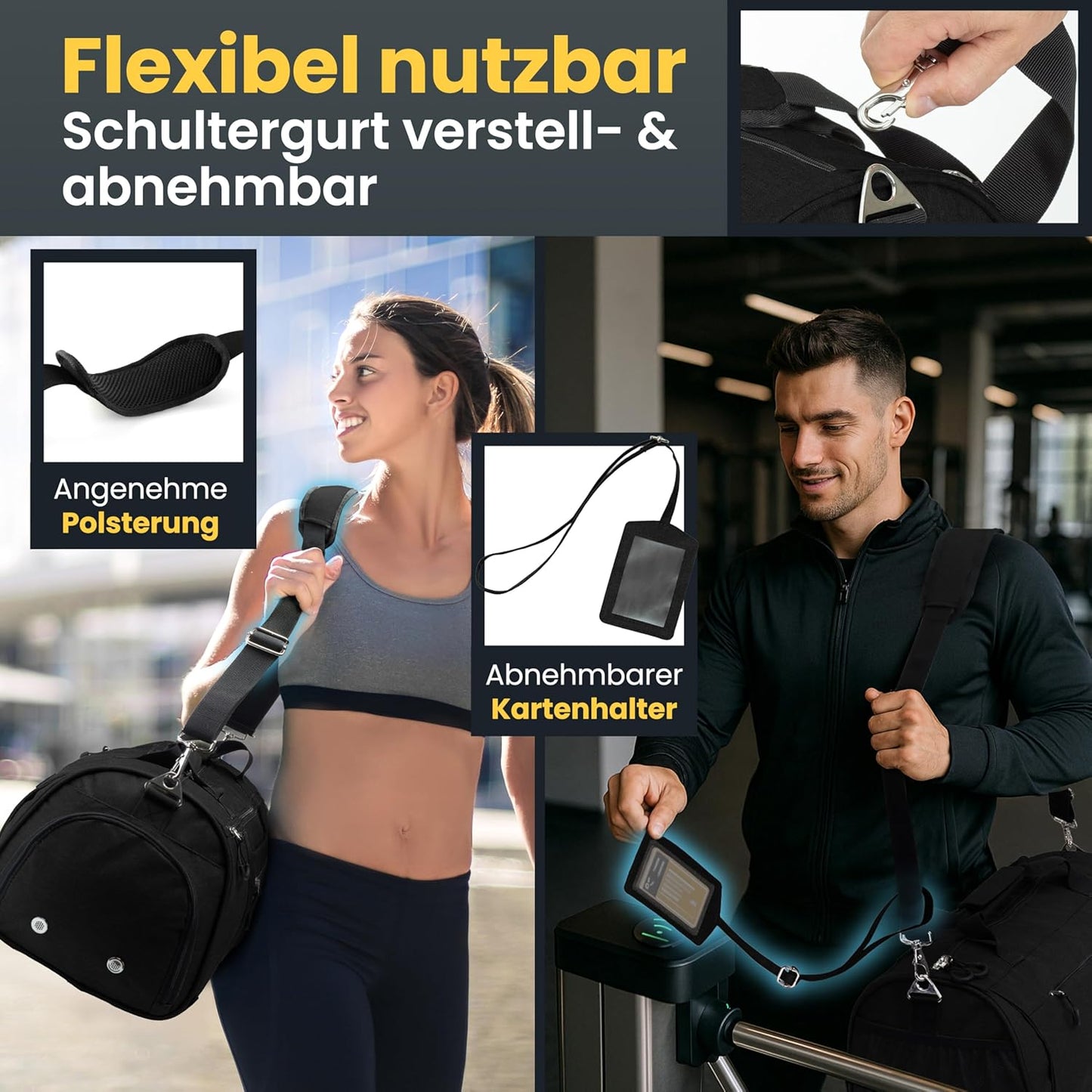 Sport- und Reisetasche mit Schuh- und Nassfach, Schwarz mit Roten Reissverschlüssen 48 x 26 x 25 cm (Small 30L)