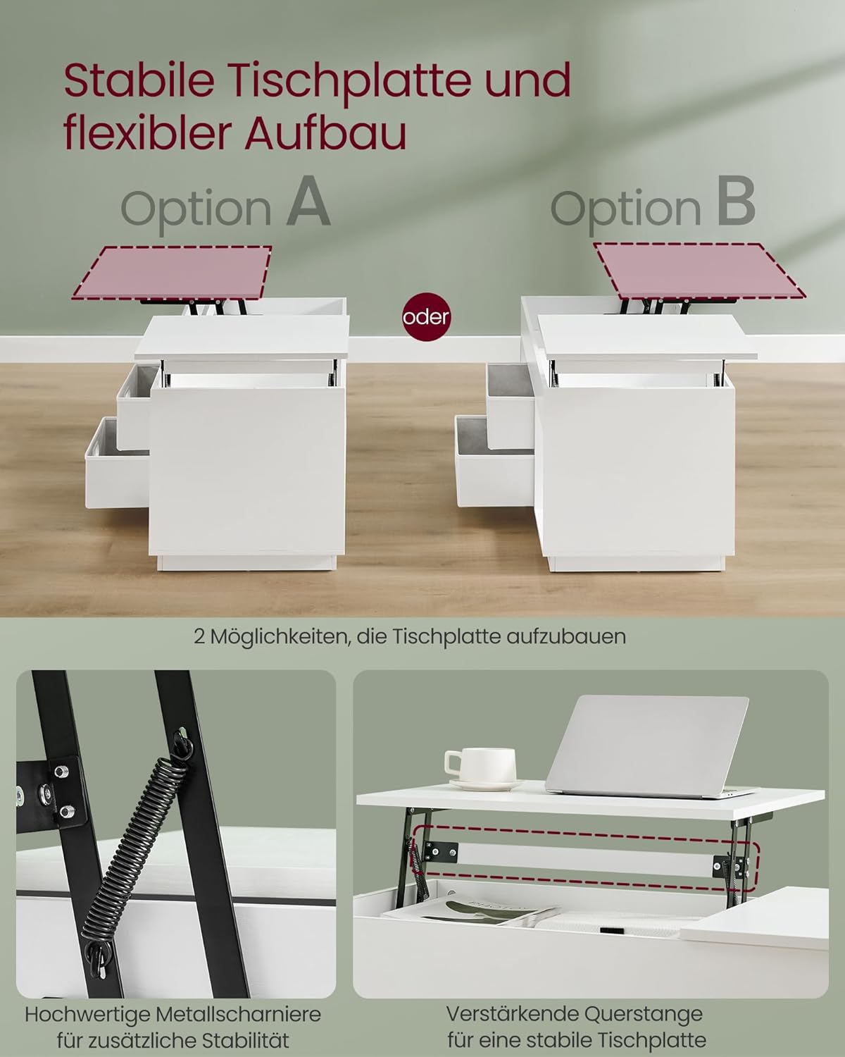 Multifunktionaler Couchtisch mit Schubladen und Fächern, Schneeweiß