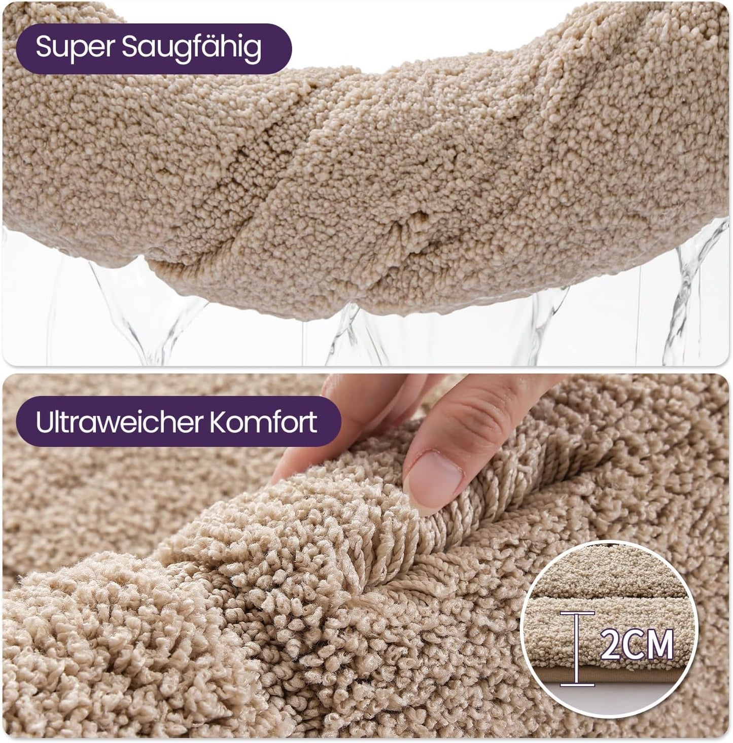 Saugfähige Badematte, rutschfest und maschinenwaschbar, 50 x 80 cm (Rechteckig) Beige