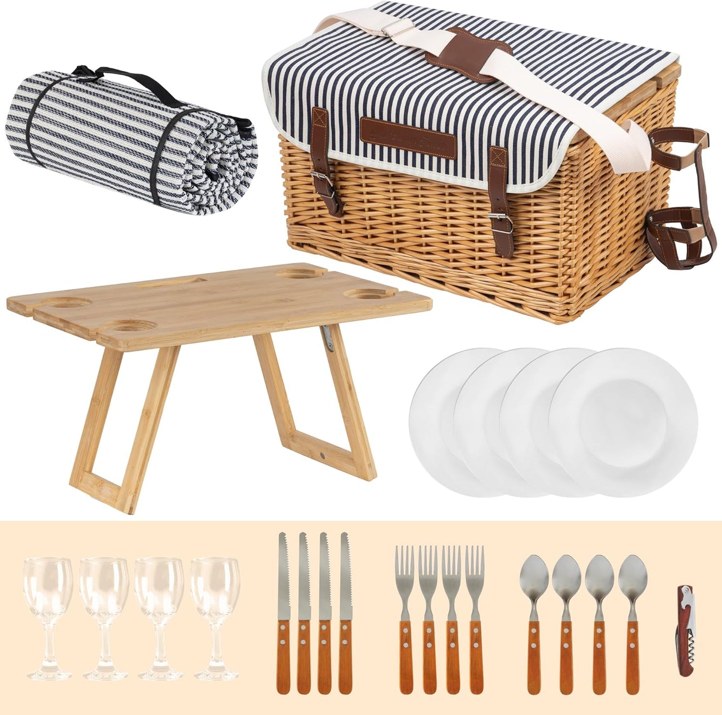 Picknickkorb-Set für 4 Personen, Blau/Weiss Gestreift