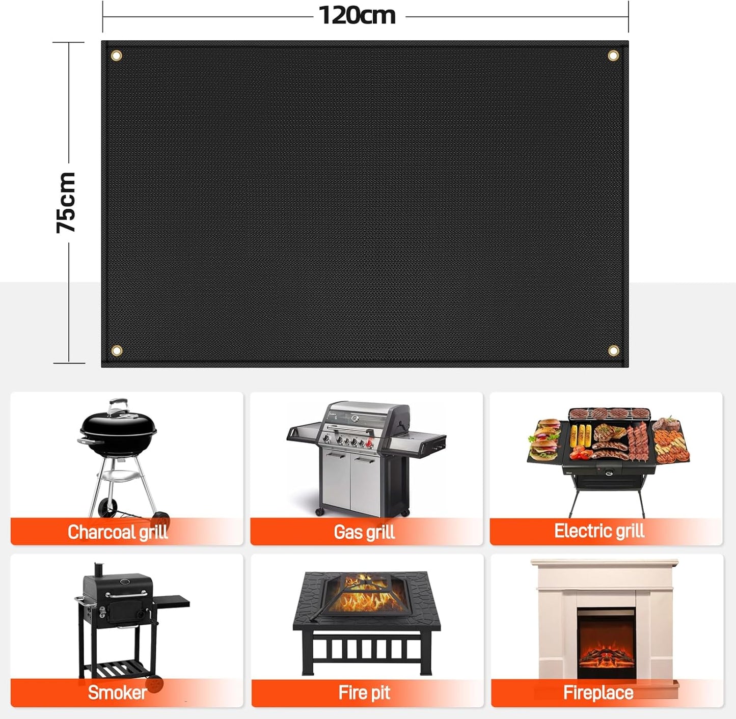 Feuerfeste Grillmatte, 75x120cm Schwarz
