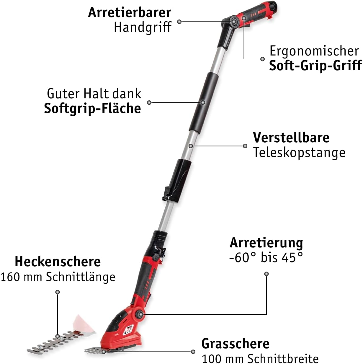 Akku-Heckenschere mit Teleskopstange, Gras und Heckenschere