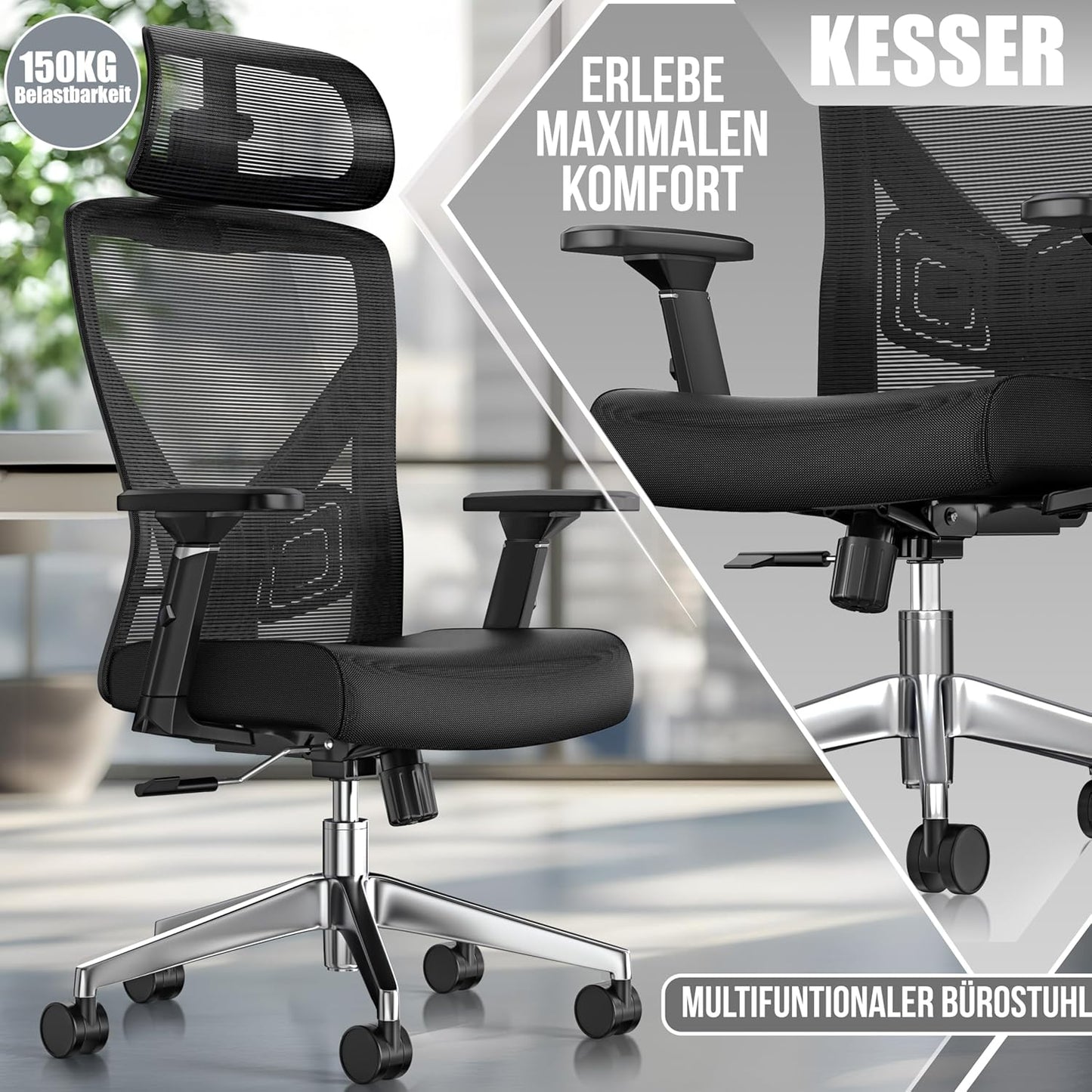 Ergonomischer Bürostuhl mit Wippfunktion, Schwarz / Silber