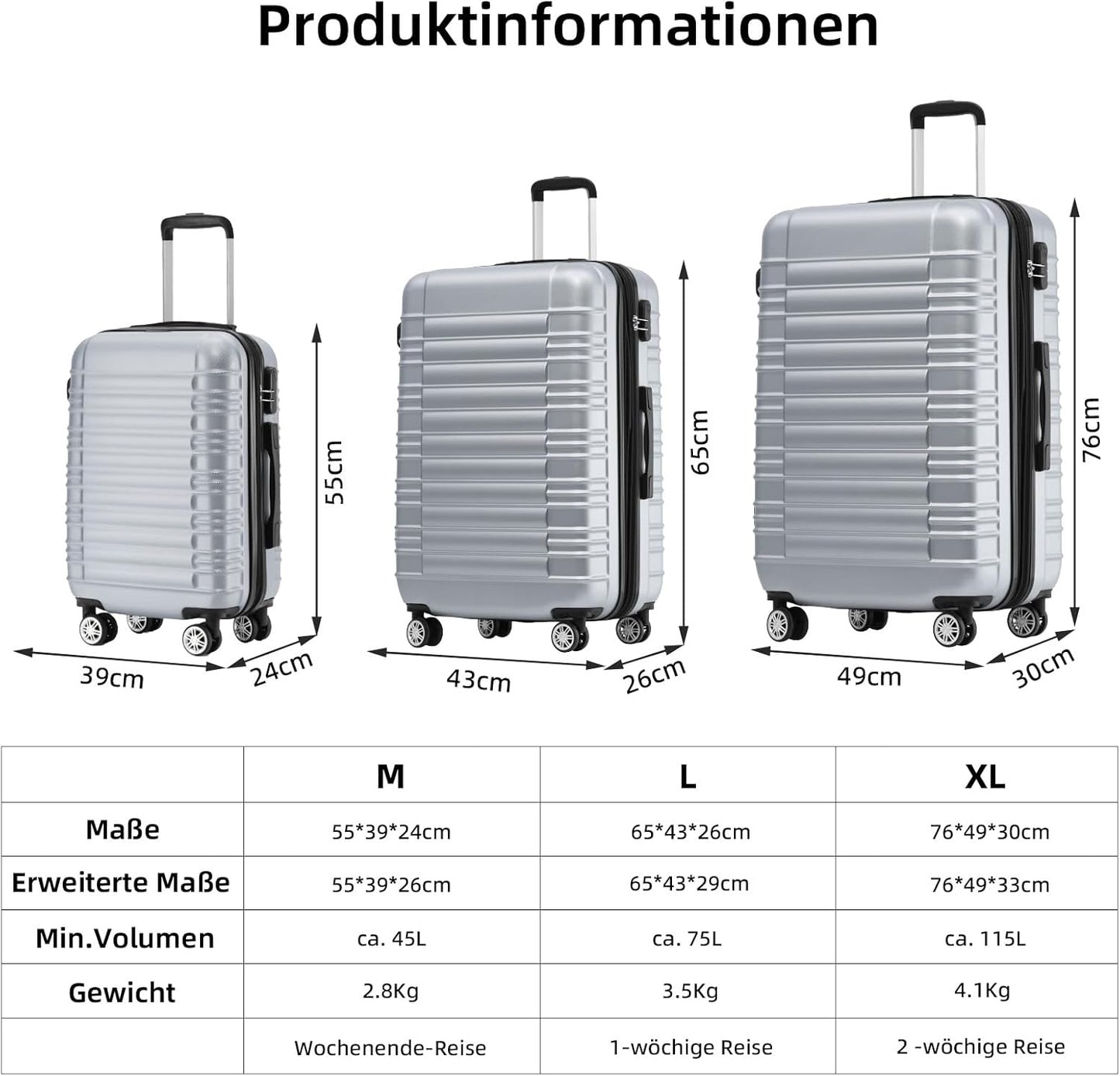 Hartschalen Kofferset, Silber Set