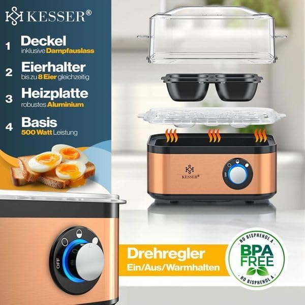 Elektrischer Eierkocher für 1-8 Eier mit Warmhaltefunktion, Schwarz / Kupfer