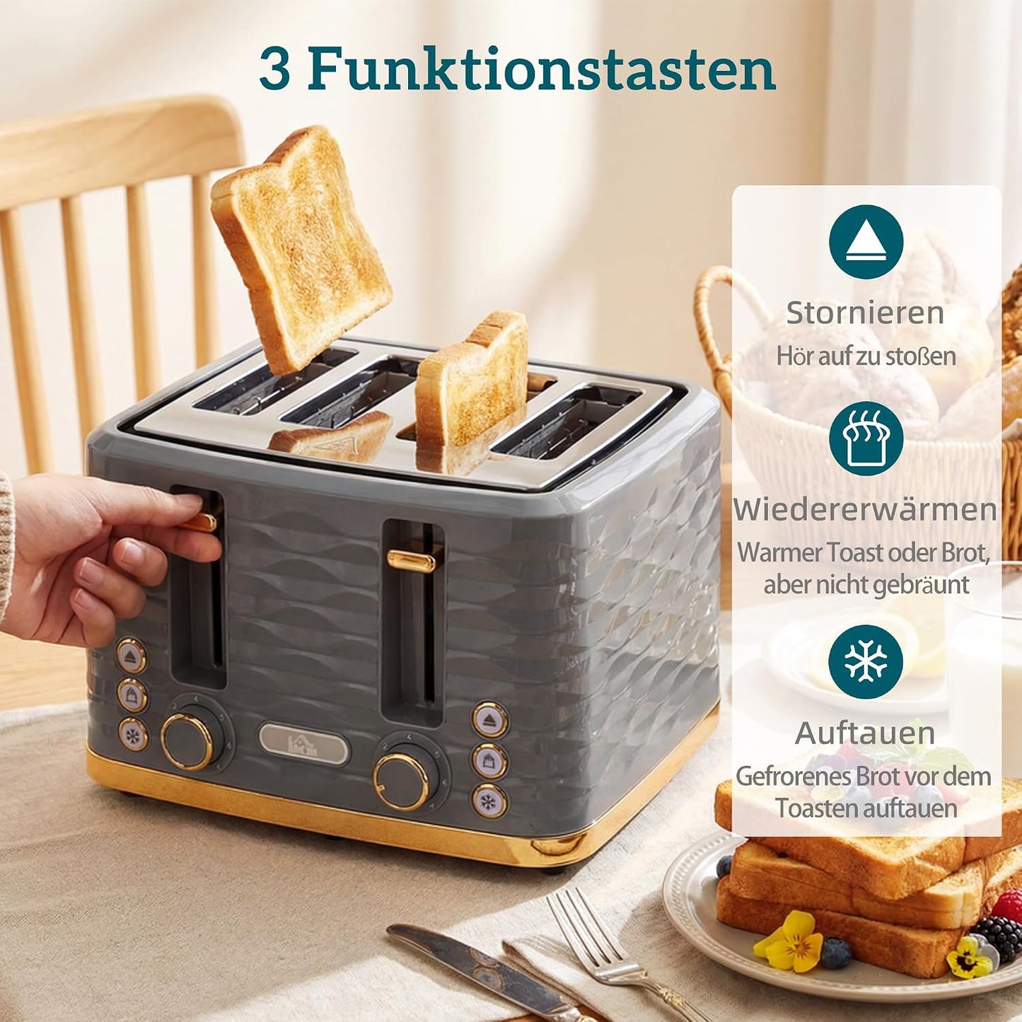 4-Scheiben-Toaster mit 7 Bräunungsstufen, Grau