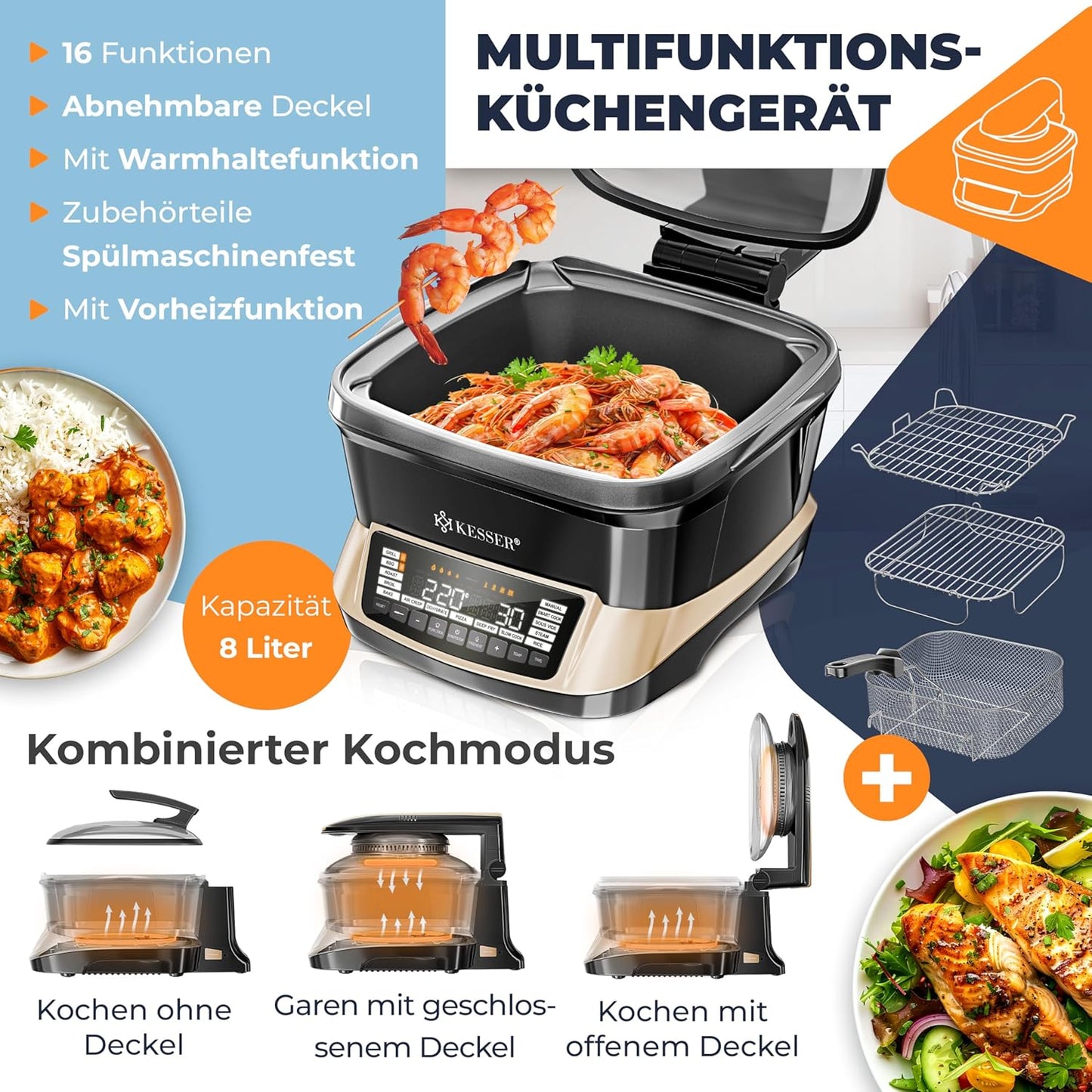 Multikocher mit Heissluftfritteuse, 16 Programme, Champagne