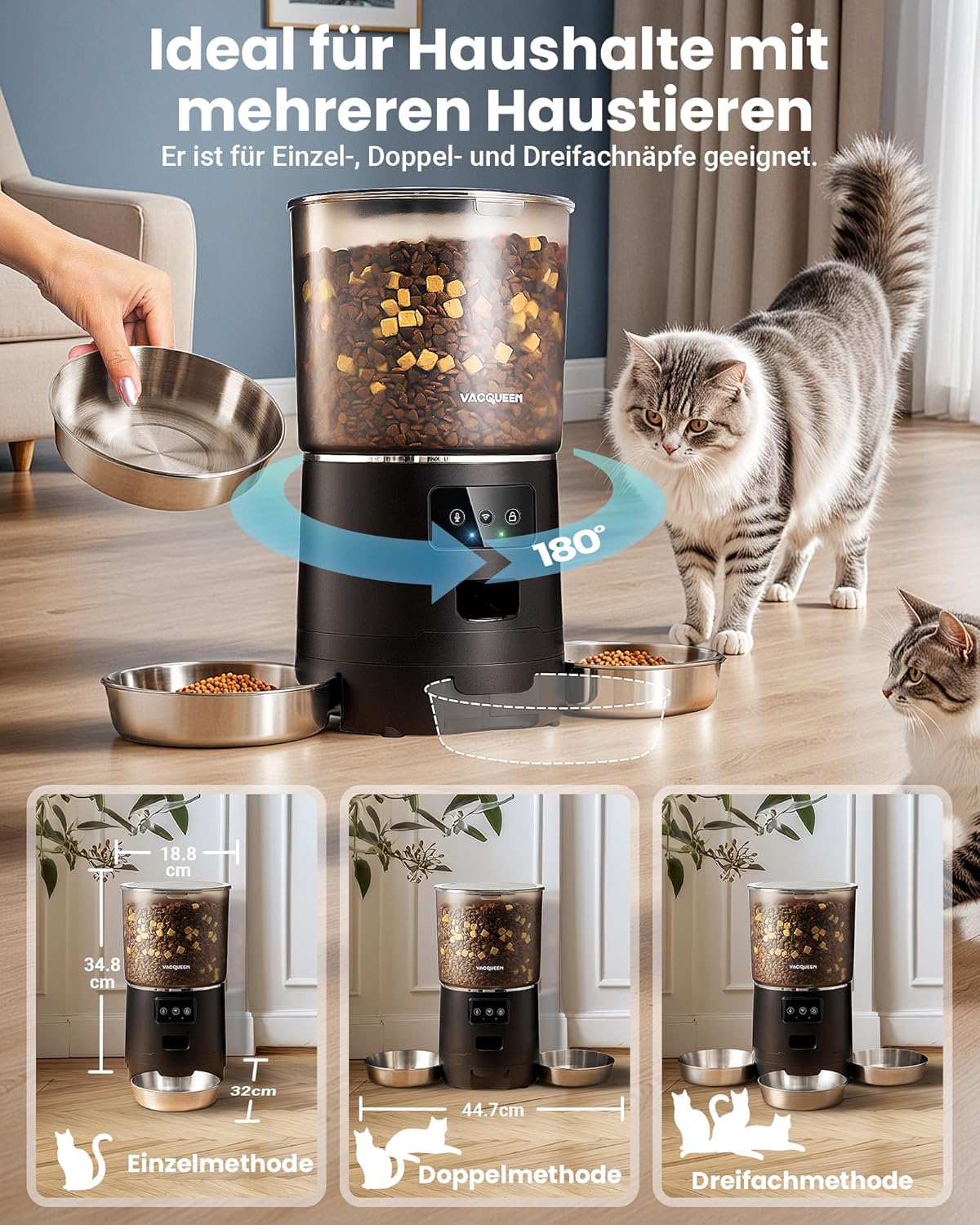 Futterautomat mit App, 3 Näpfen und Timer, Schwarz
