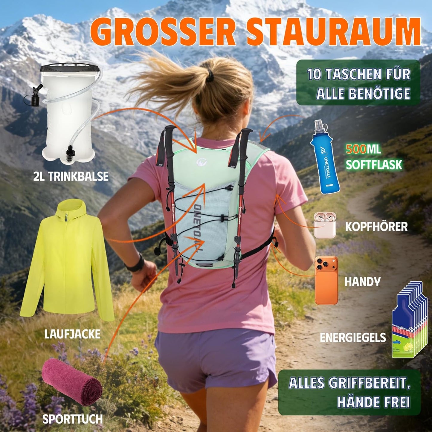 Laufweste mit Trinkblase und Flasche, Grün mit eine 500ml Trinkflasche + eine 2L Trinkblase