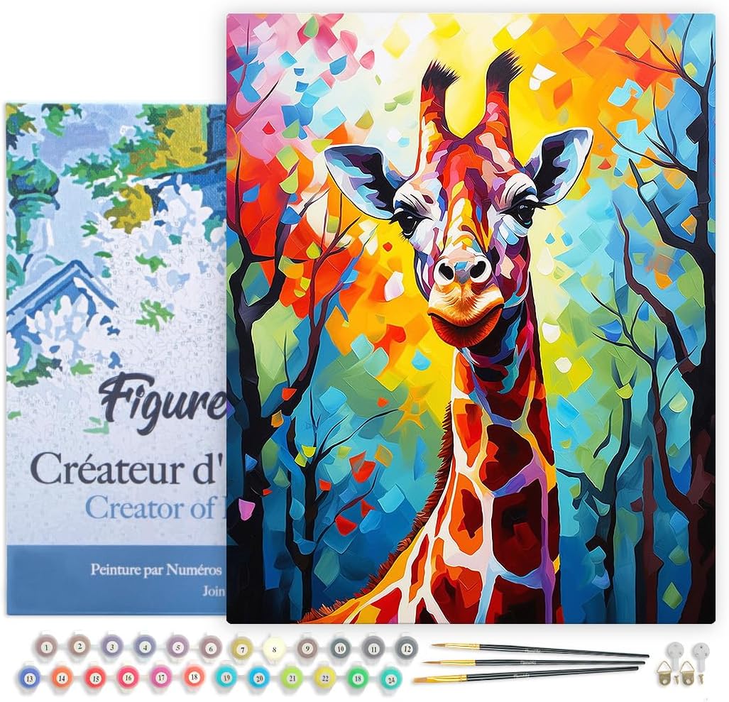 Malen nach Zahlen Set mit Rahmen (Giraffe 40x50cm), Giraffe Farbenfroh Abstrakt 40x50cm Mit Rahmen (bereits gespannt)