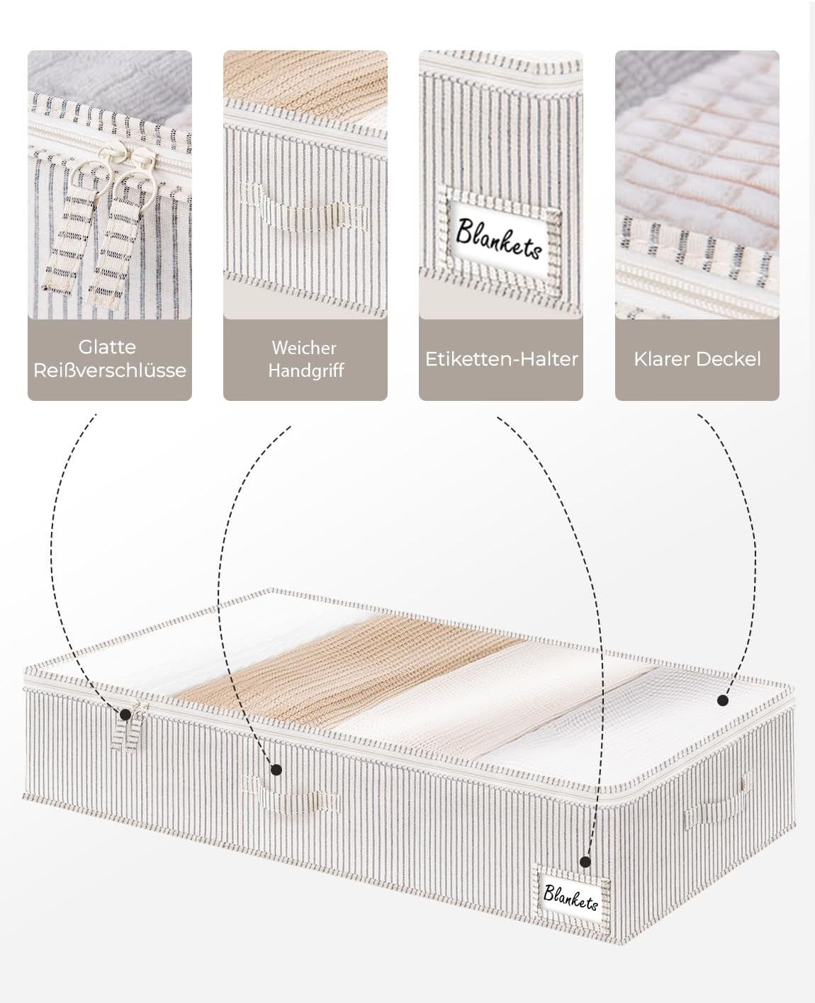 Unterbett Aufbewahrungsboxen-Set (2 Stück, faltbar), 84 x 43 x 15 cm Graue und Weisse Streifen