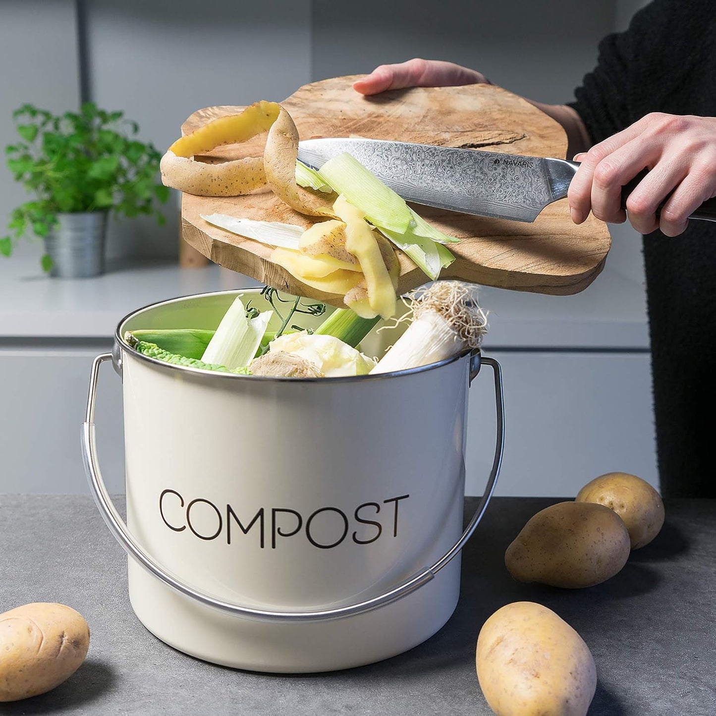 Komposteimer für Biomüll mit Kohlefilter, 5L Creme