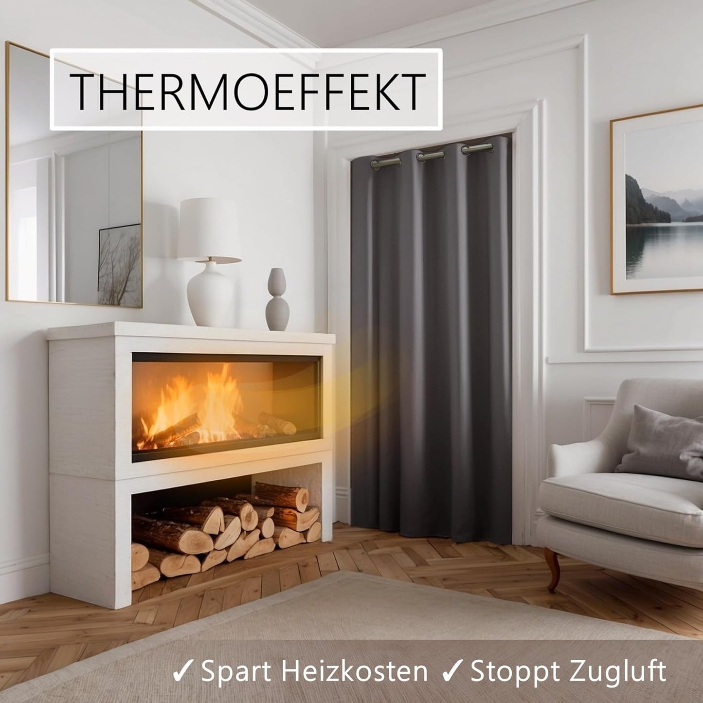 Türvorhang mit Teleskopstange, H210 x B150 cm (1er Pack) / Türvorhang Grau + Stange Silber 55-90 Cm