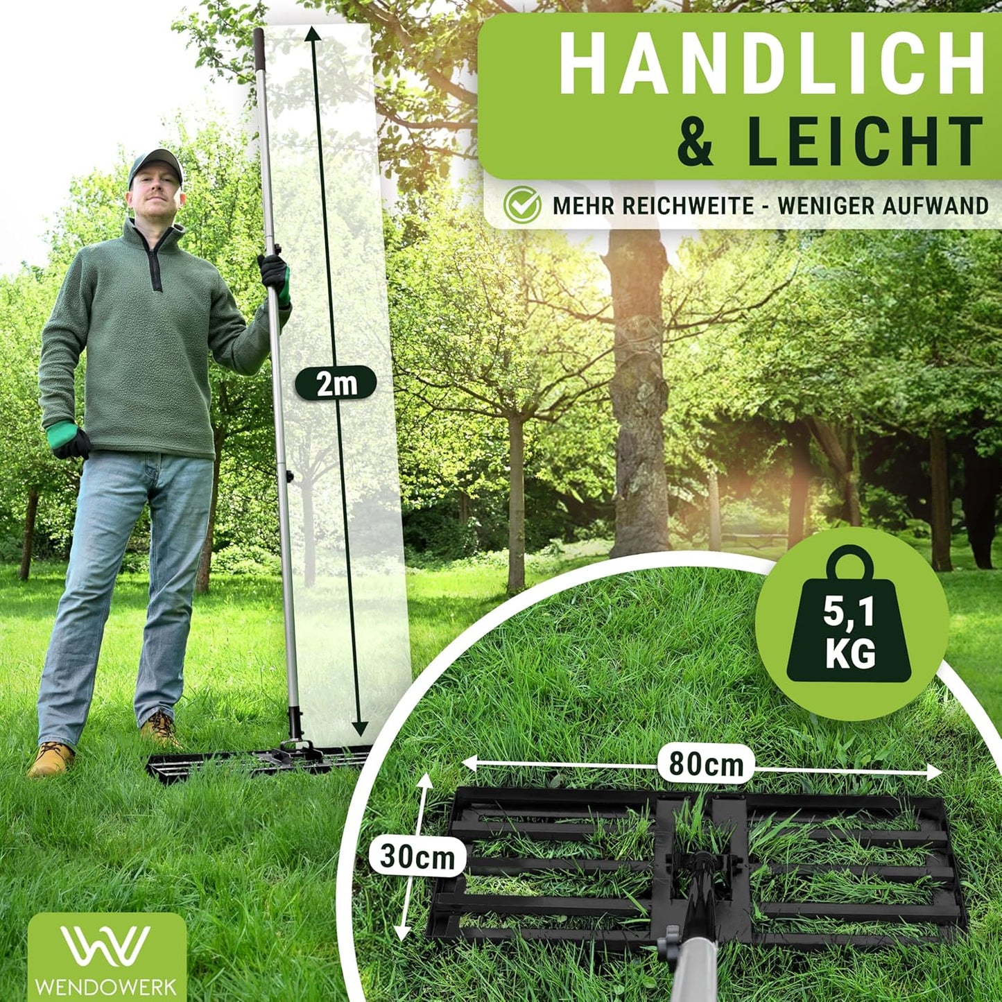 Rasennivellierrechen 80x30 cm mit langem Stiel & Handschuhen, Schwarz
