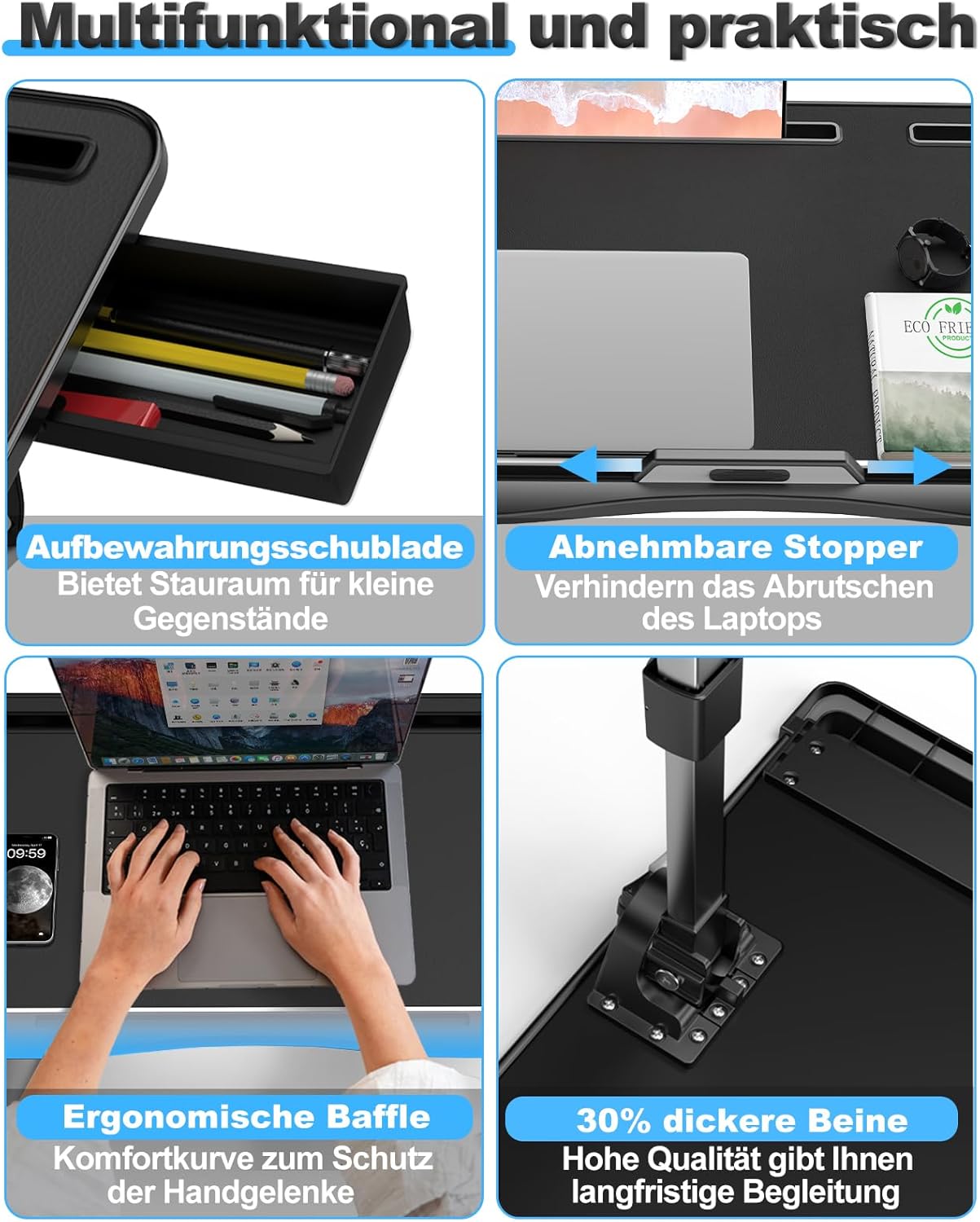 Einstellbarer Laptop-Betttisch, Schwarz