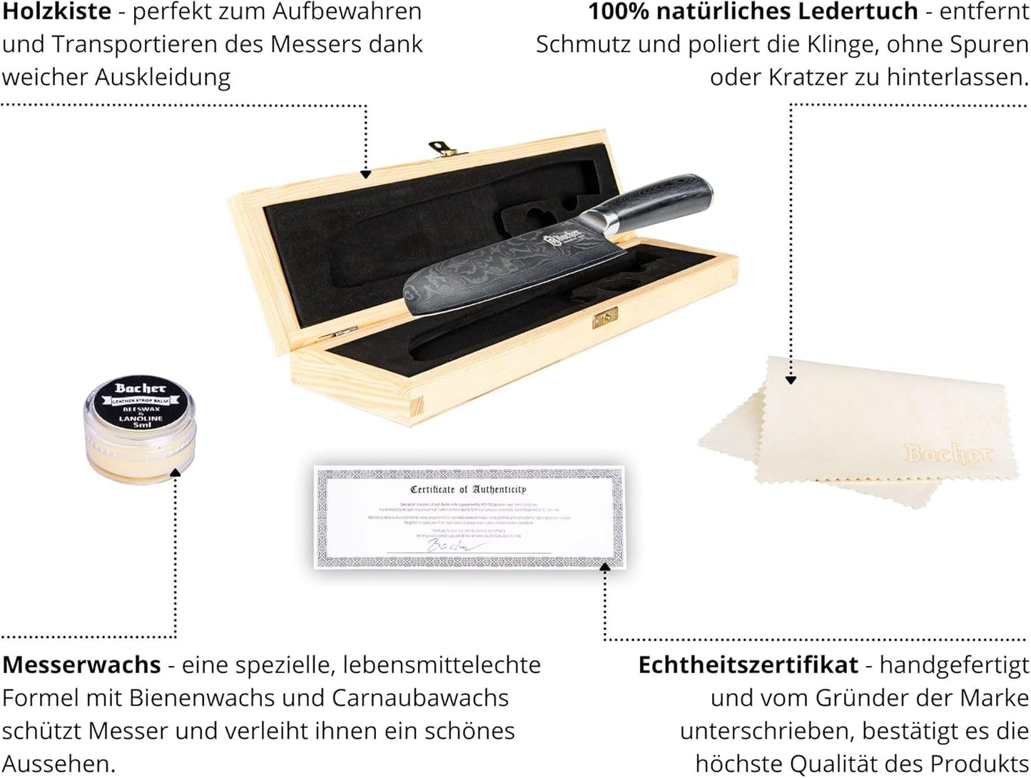 Santokumesser mit Holzkiste, Damast Santokumesser 18cm Holz