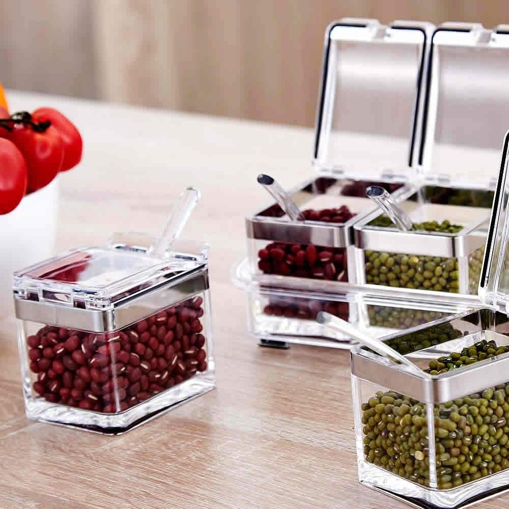 4-teiliges Gewürzkasten-Set mit Abdeckung und Löffel, 304 Stahlkante Ein Set