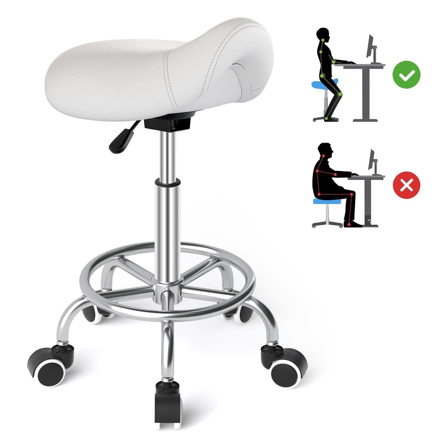 Ergonomischer Sattelhocker mit Rollen und Ringpedal, Weiss