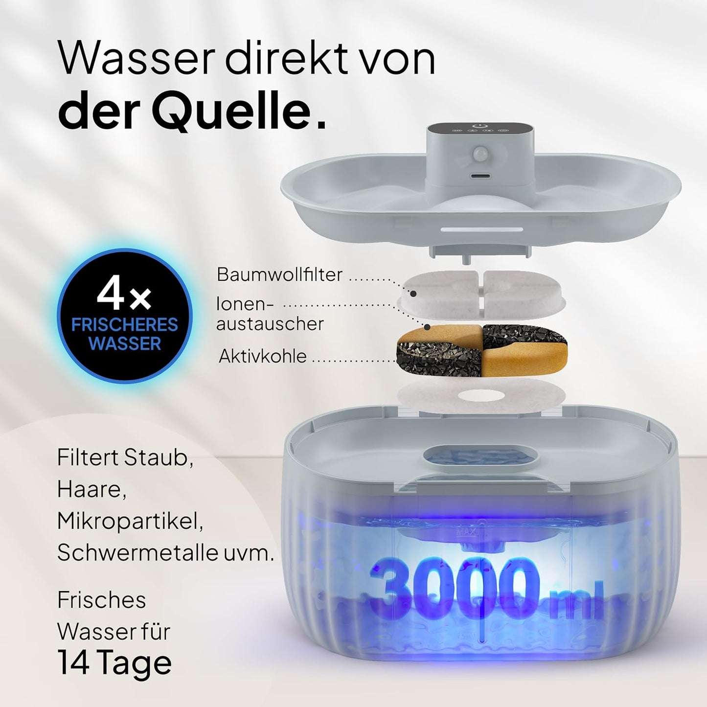 Kabelloser Katzenbrunnen mit Bewegungsmelder, Grau 3L