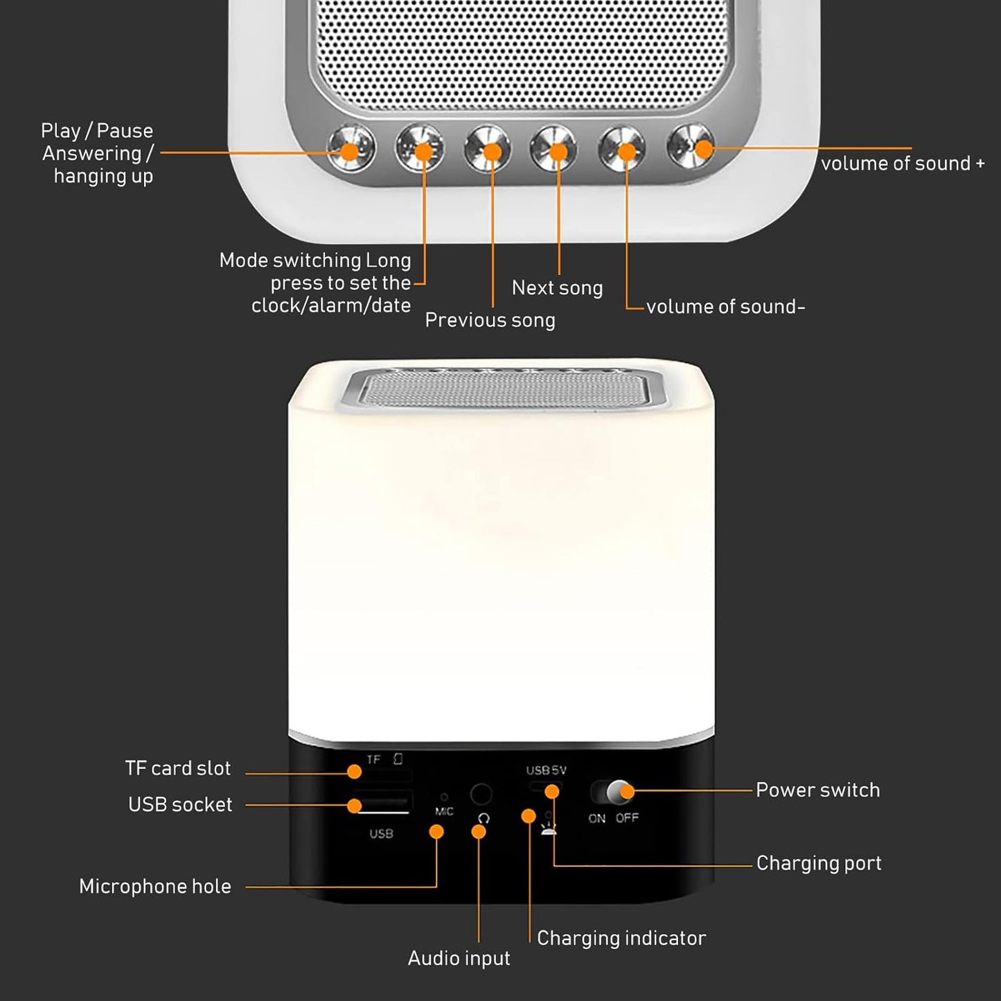 Nachttischlampe mit Wecker und Bluetooth-Lautsprecher, Rot