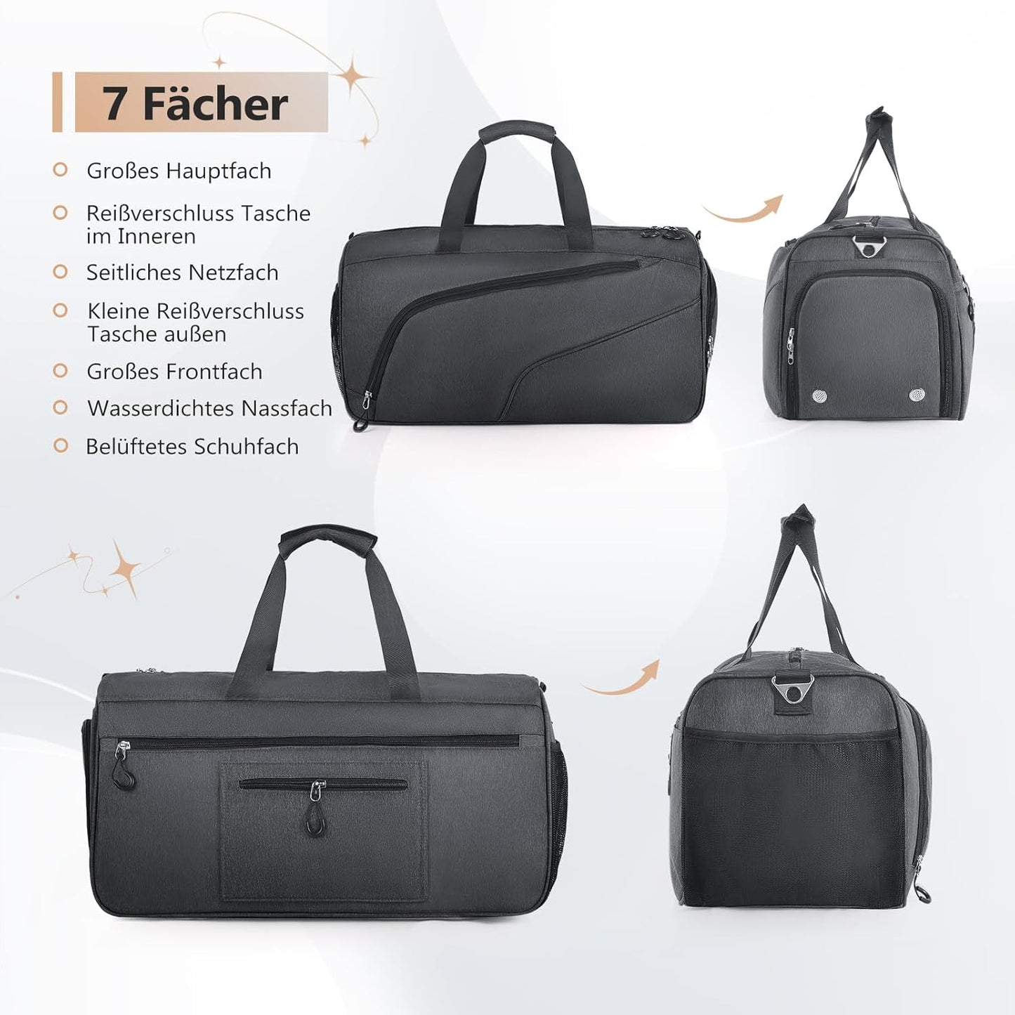 Sporttasche mit Schuh- und Nassfach, 40L, Grau