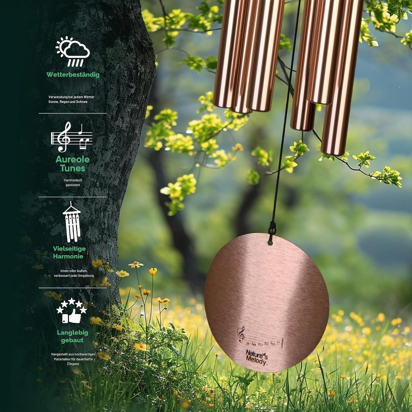 Aureole Tunes Windspiel mit 6 Röhren abgestimmt auf C Pentatonic Skala, 56 Inches Roségold