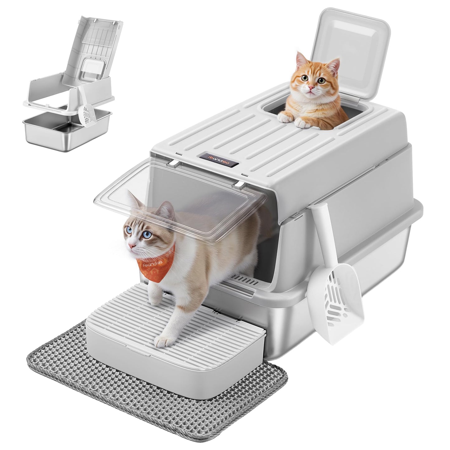 Katzentoilette PPT007GD01 mit Deckel, Schaufel, Katzenstreumatte und 2 Eingängen, hellgrau