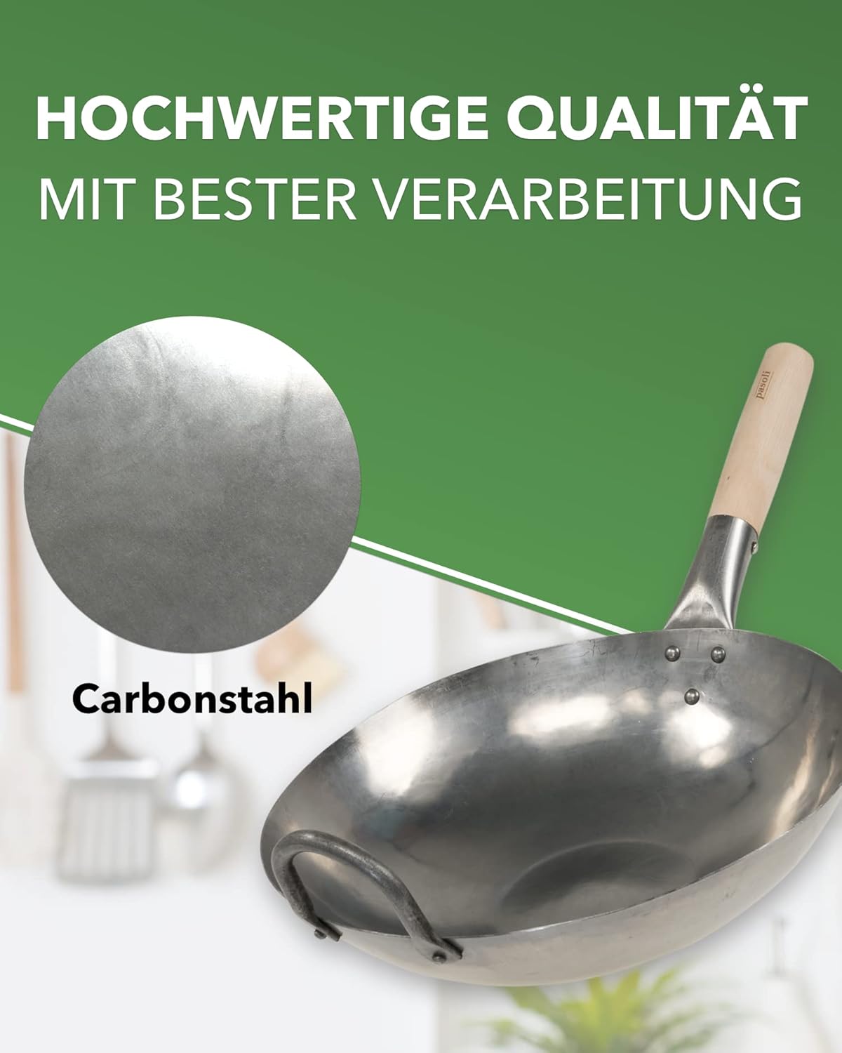 Handgehämmerter Wok, induktionsgeeignet, silber 36 cm