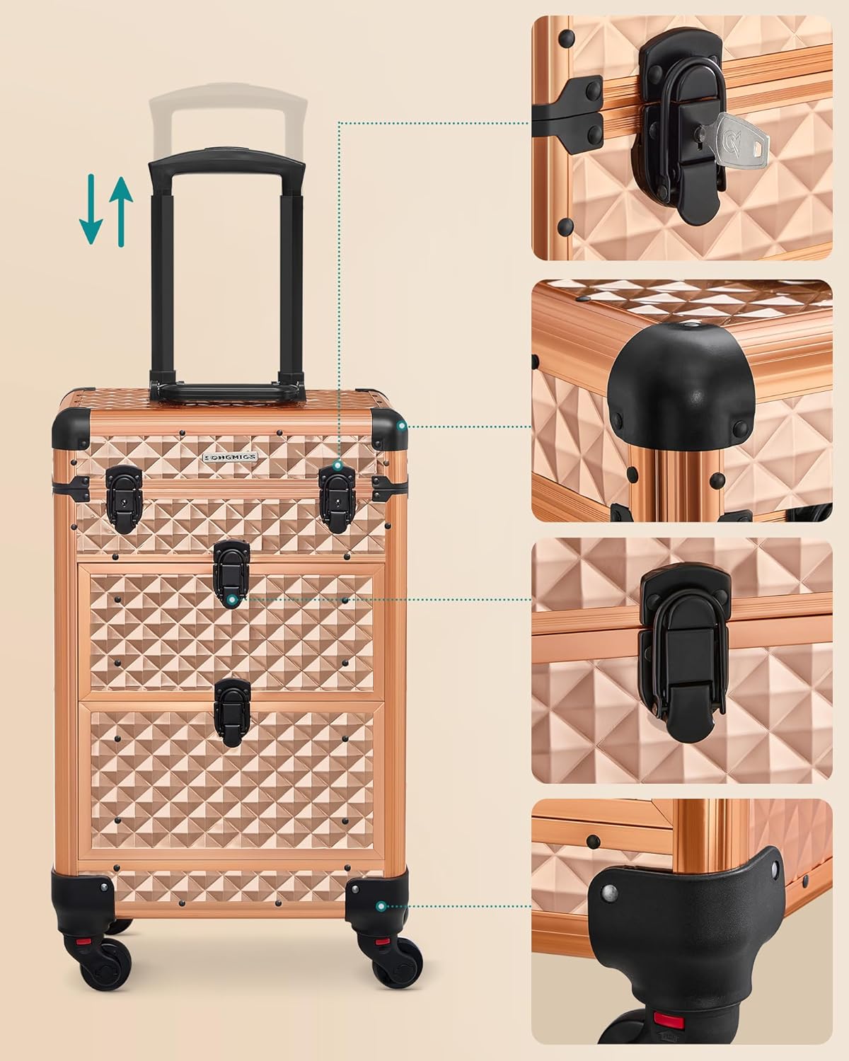 Kosmetikkoffer JHZ008A01 mit 2 Schubladen, 360° Rollen, Champagnergold