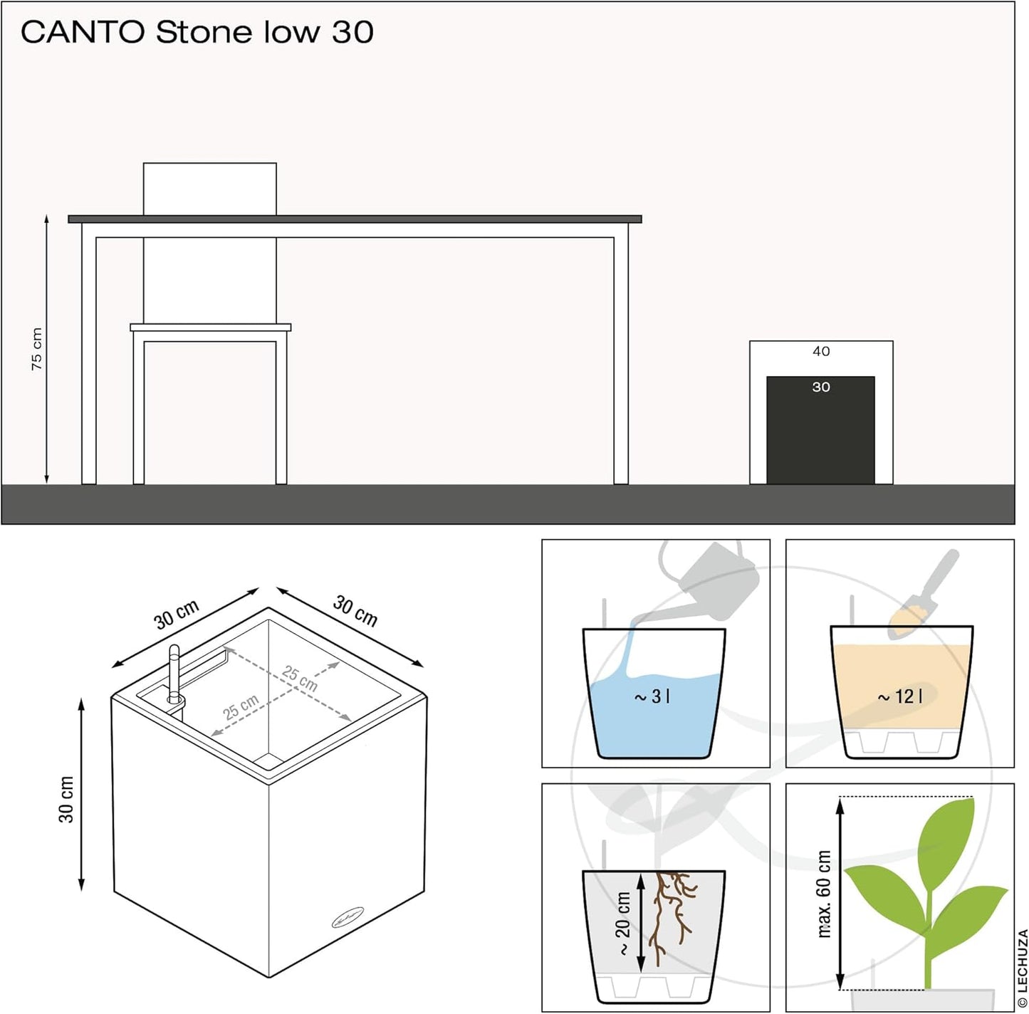 Blumentopf Canto Stone 30, 30x30x30 cm Quarzweiss