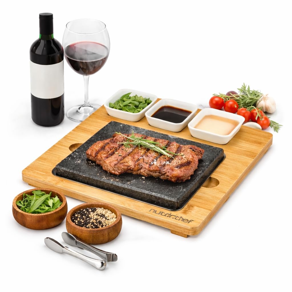 Heisser Stein Tischgrill-Set mit Bambus & Keramik, Quadrat