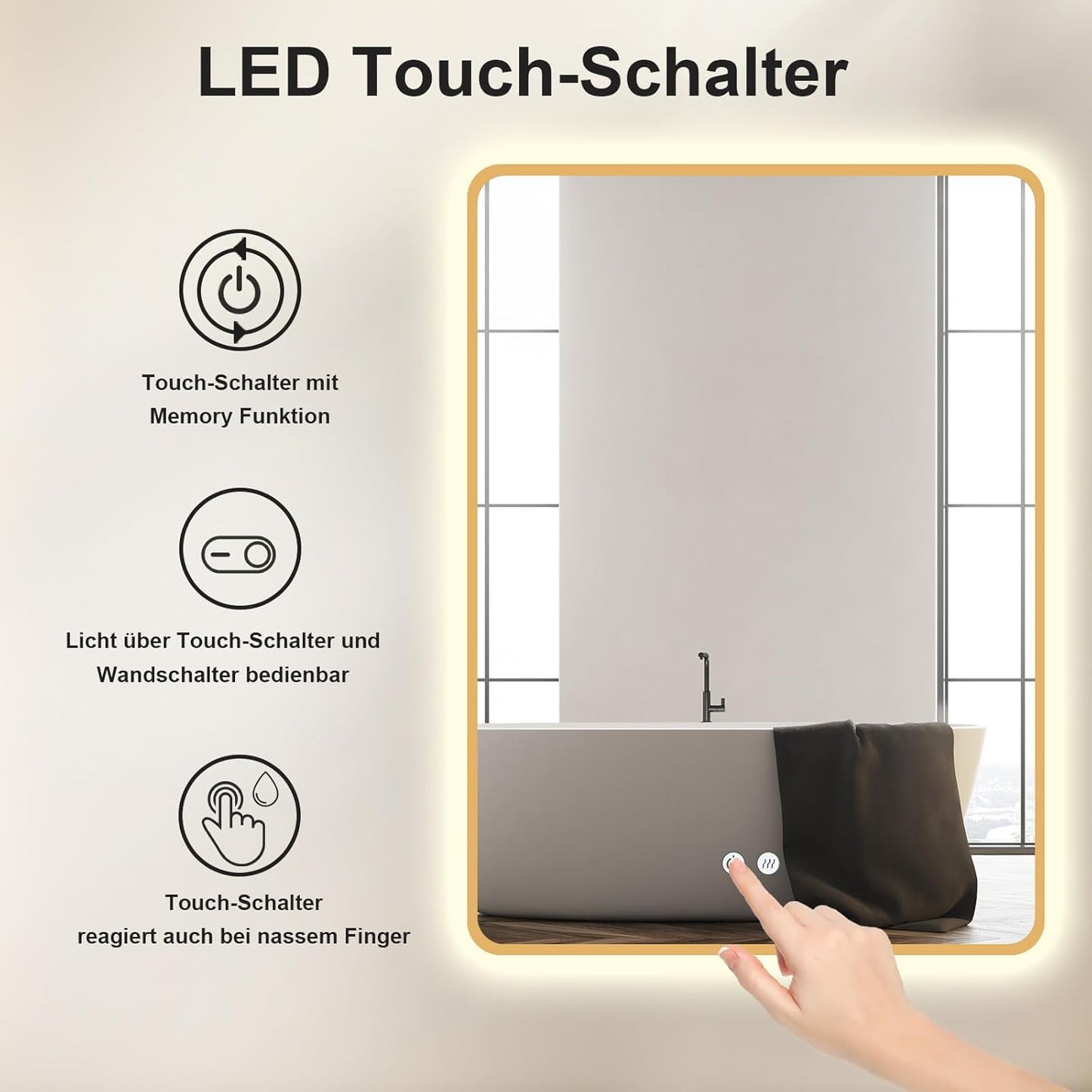 Badspiegel mit LED-Beleuchtung und Antibeschlag, Gold 6_beschlagfrei