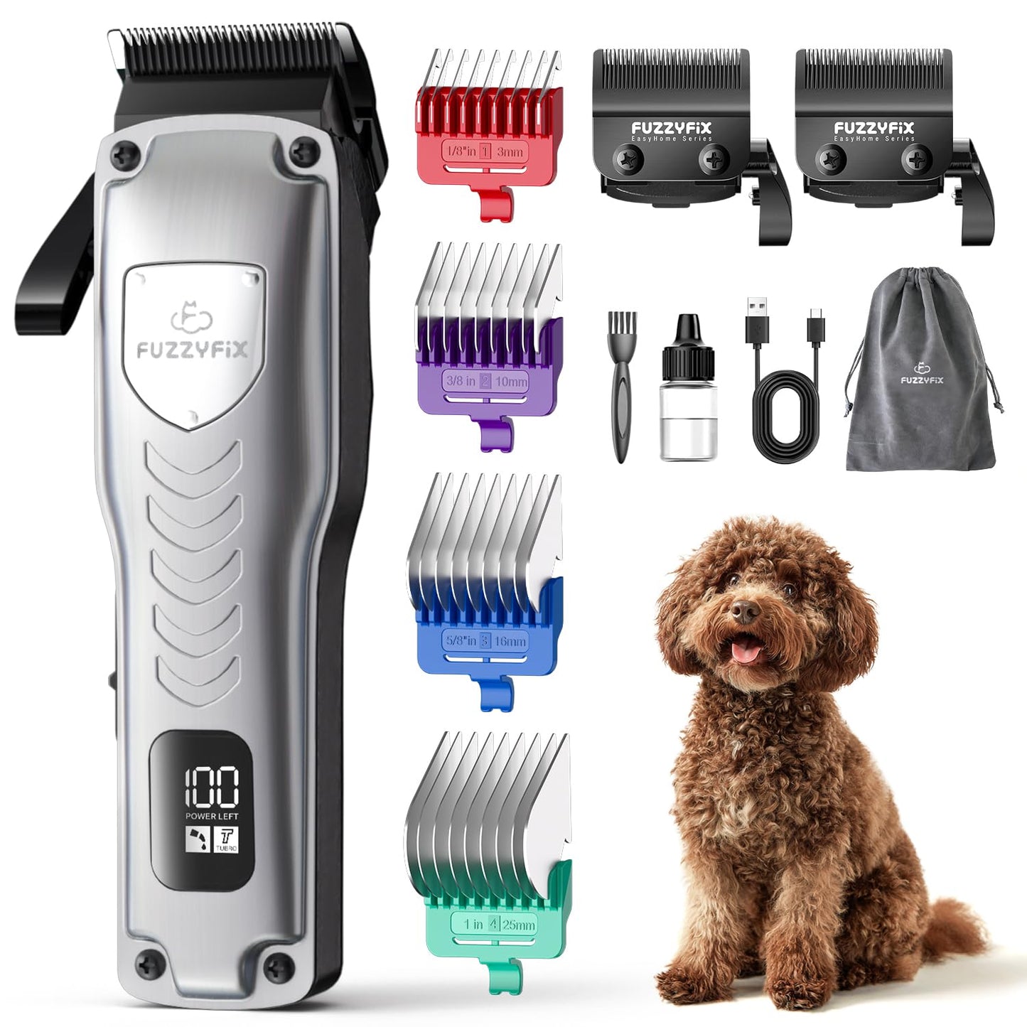 Hundeschermaschine mit Ersatzklinge und Aufsteckkämmen, Silber