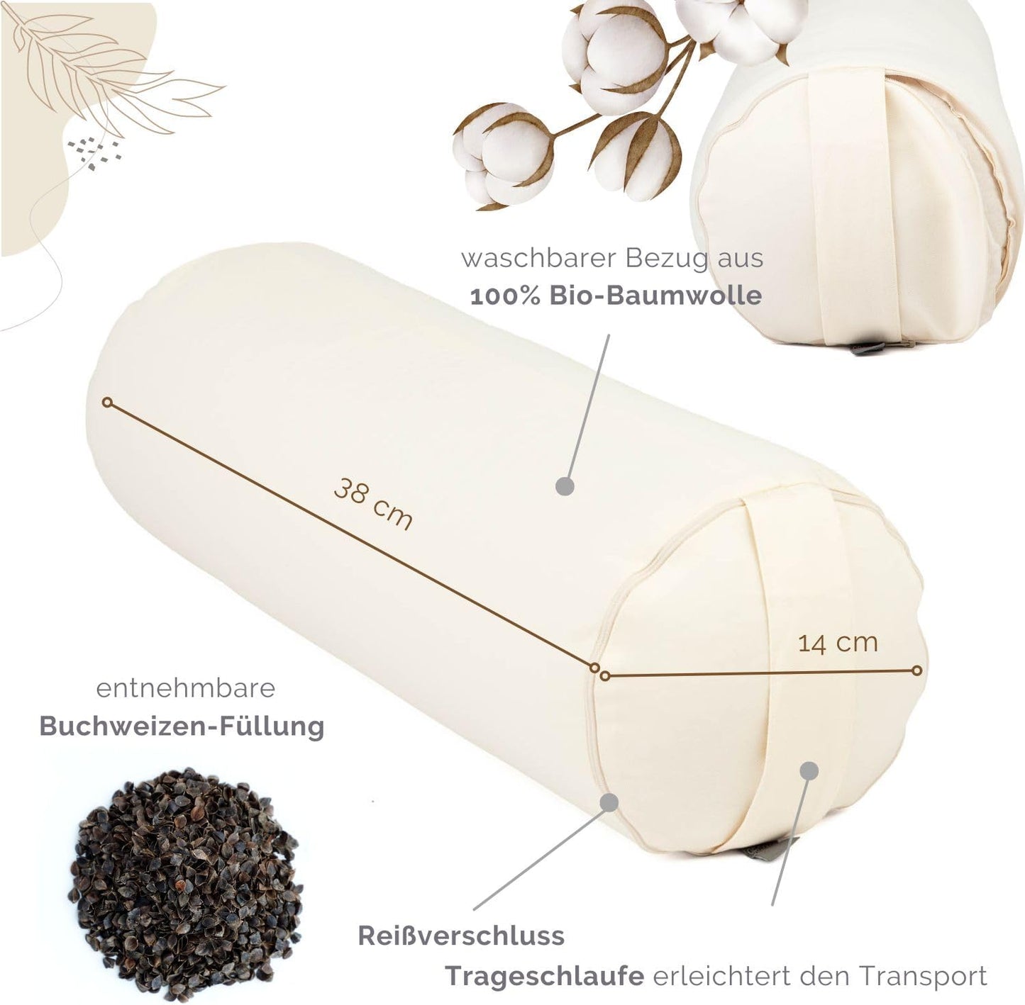 Mini Yogabolster mit Buchweizenfüllung und abnehmbarem Bezug, Natur