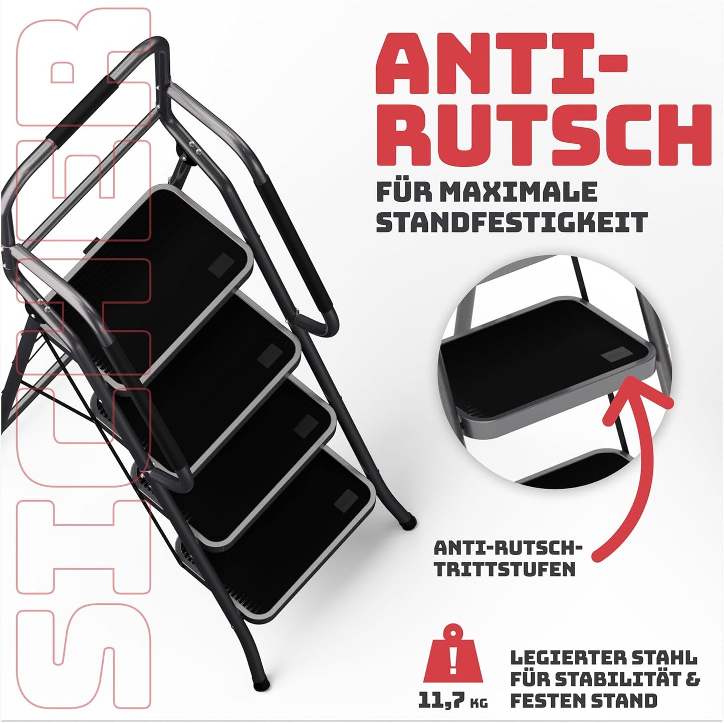Klappbare Sicherheitsleiter, 4 Stufen mit Handlauf|Anthrazit