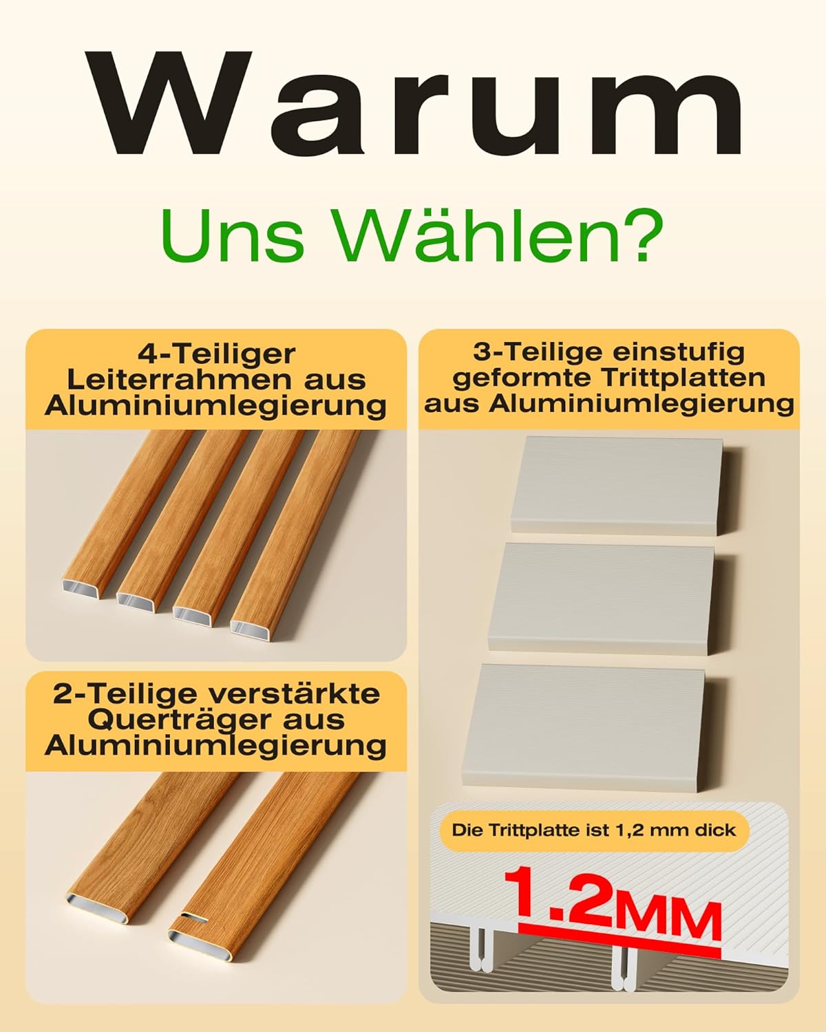 Klappbare Trittleiter 3 Stufen, 150 kg Kapazität, Weiss Holz Optik 3 Stufen