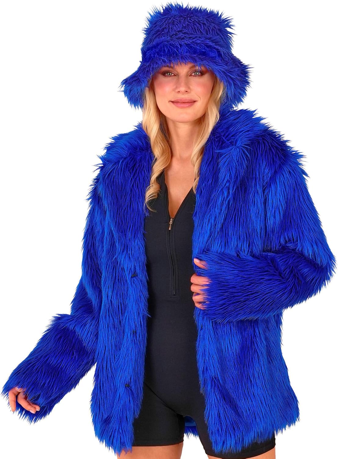 Kunstfell-Plüschjacke für Karneval, Blau L-XL