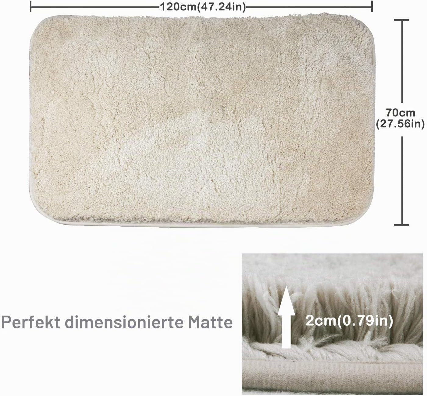Rutschfester Hochflor-Badteppich, 70x120 cm, 70 x 120 cm Beige