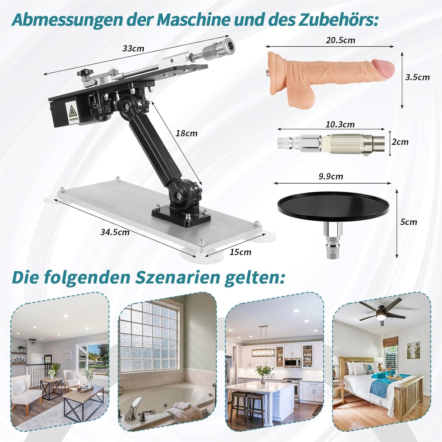 Fickmaschine mit Dildo, Fernbedienung und Adapter, Silber mit Schwarz
