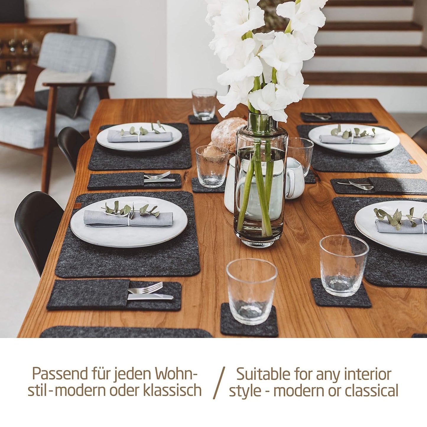 Tischset aus Filz mit Untersetzern und Bestecktaschen