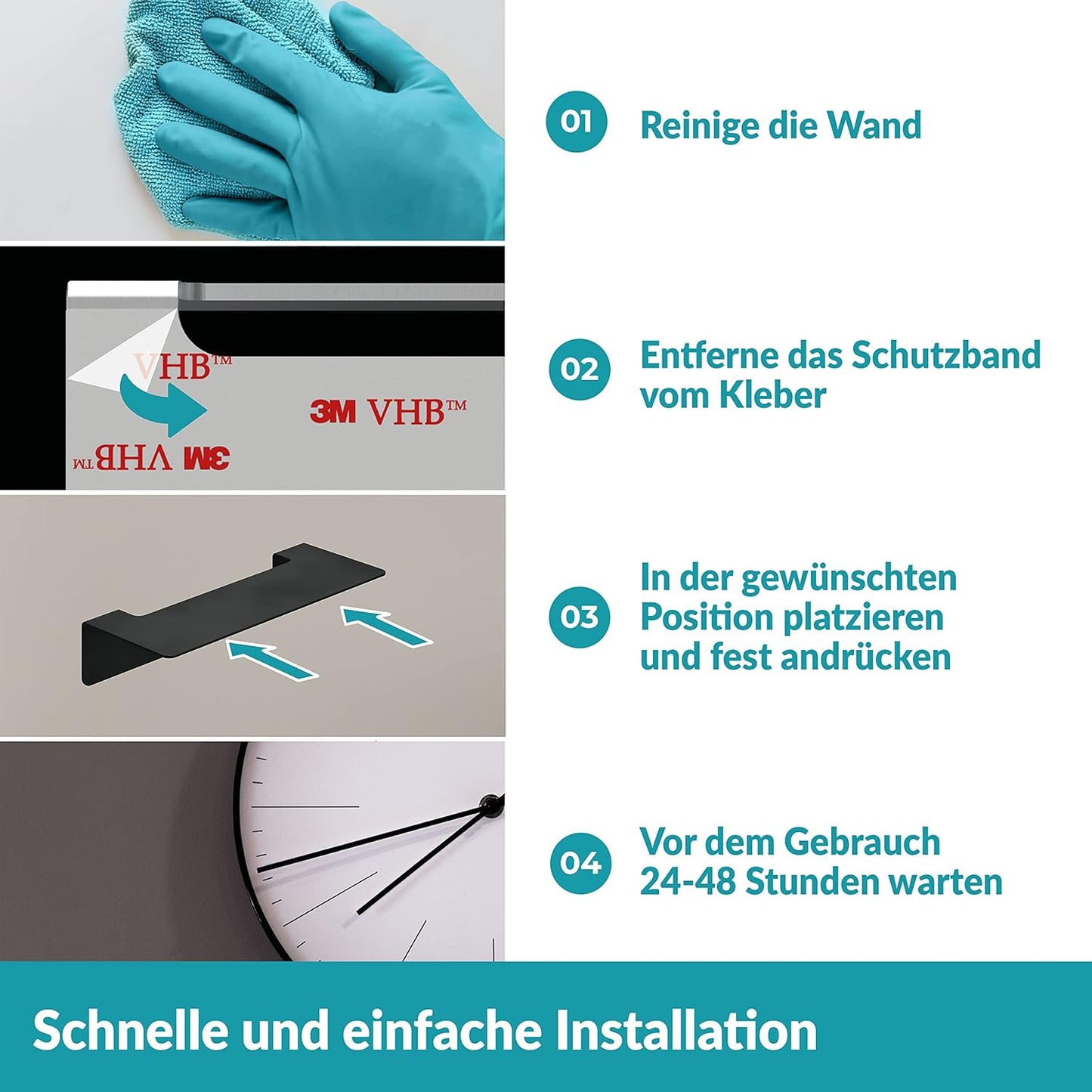Selbstklebende Badablage, 24 cm Schwarz