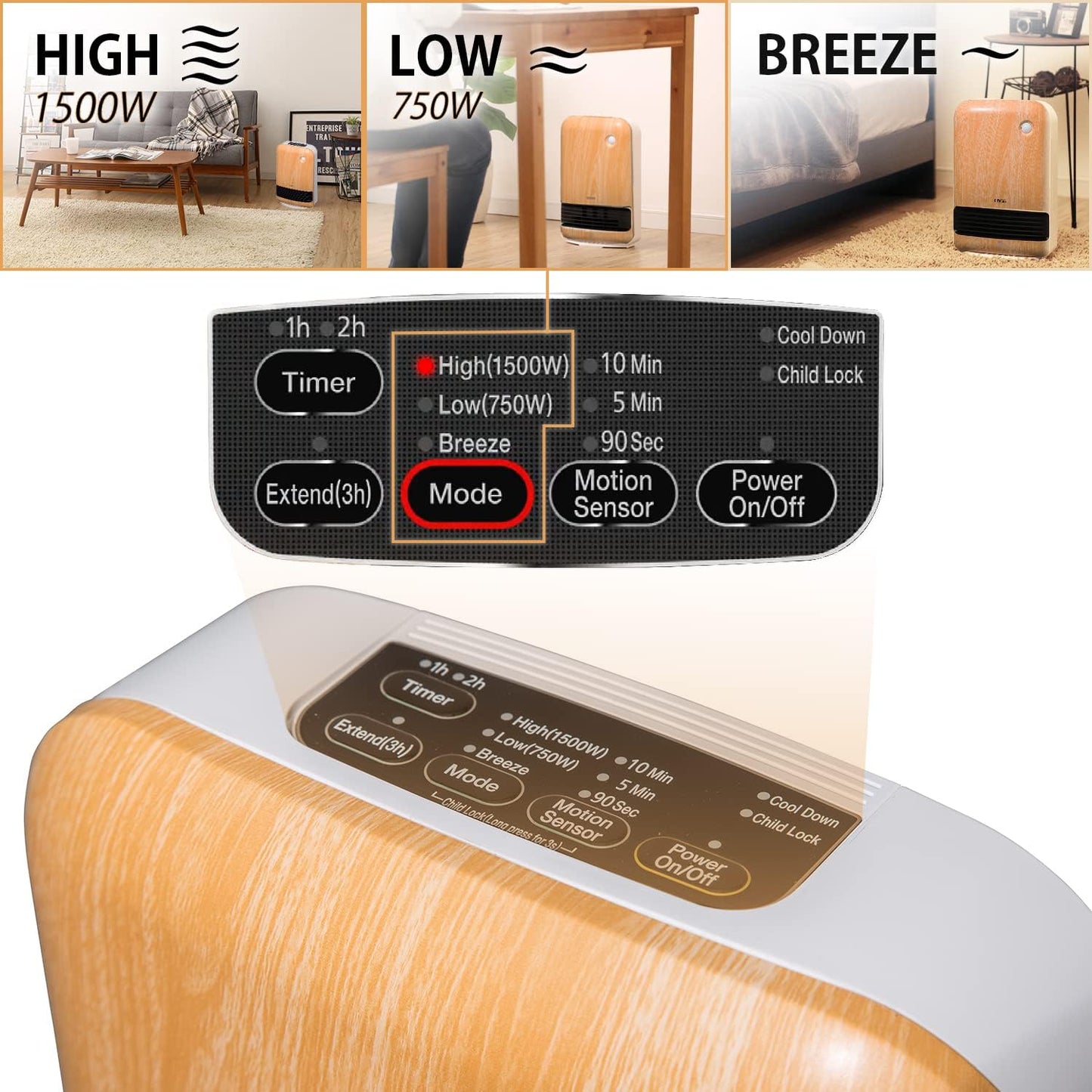 Keramik Heizlüfter mit Bewegungsmelder, 1500W, Timer, Holz