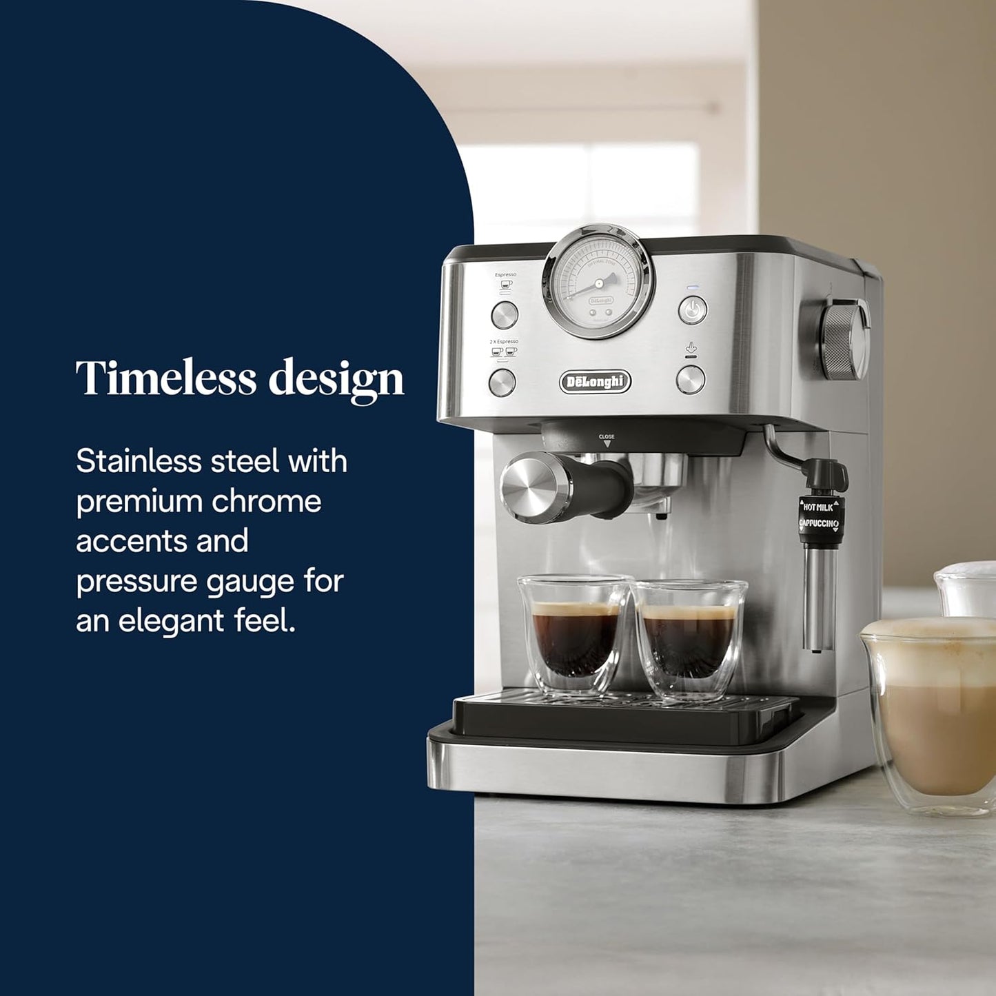 Siebträgermaschine Classic EM450.M mit Milchaufschäumer, Edelstahl/Metall