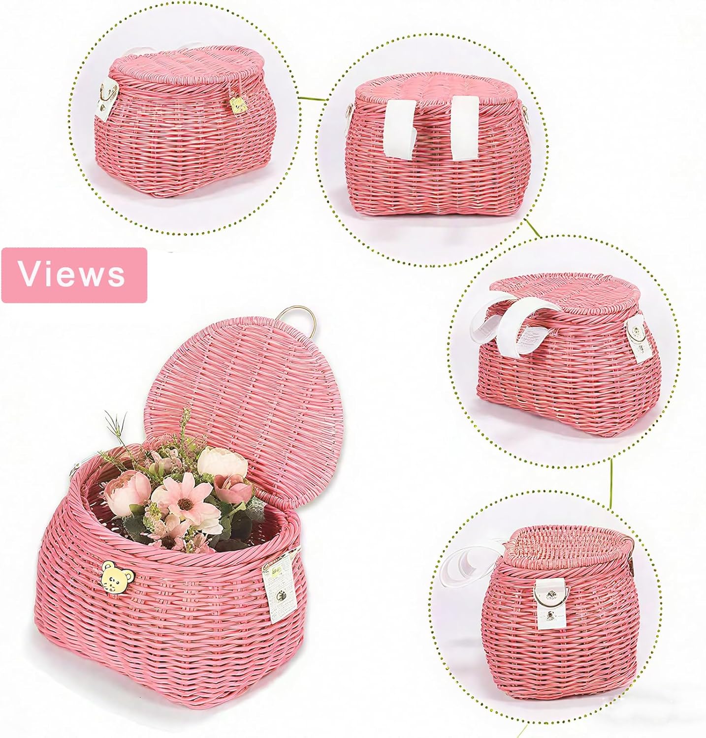 Abnehmbarer Kinderfahrradkorb, Rattan-Design, Rosa