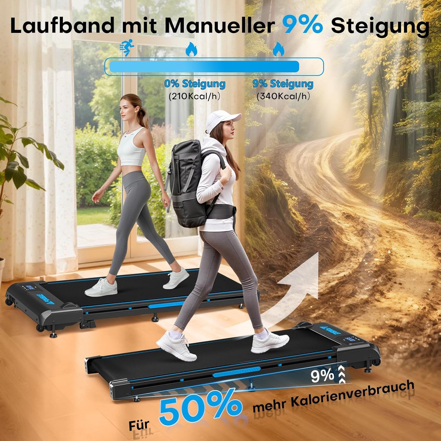 Walking Pad Laufband mit Steigung, Schwarz-Blau 4-in-1 mit Doppelter Stoßdämpfung